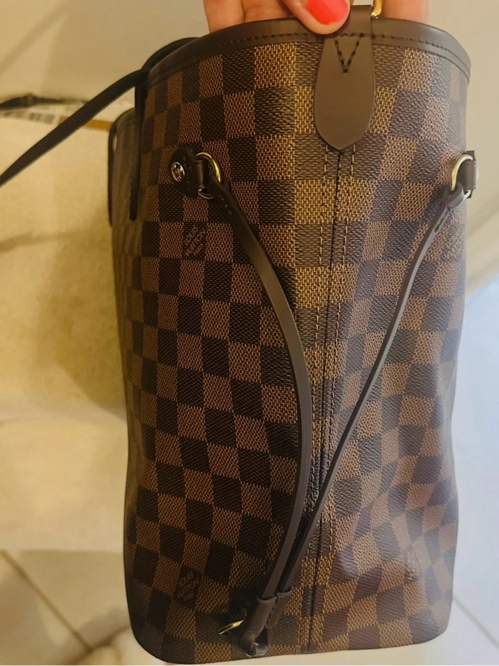 Louis Vuitton Brown Damier mm Canvas Tote with Pink Chevron Strap
